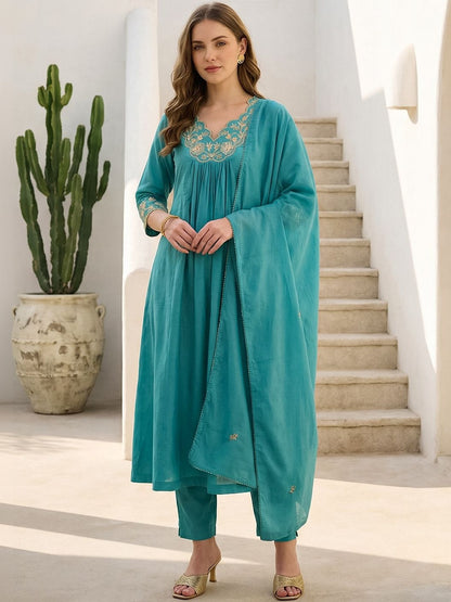 Women Ethnic Motifs Embroidered Pleated Thread Work Pure Cotton Kurta with Trousers & With Dupatta