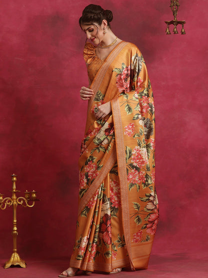 Women's Cotton Blend Mustard Printed Designer Saree With Blouse Piece