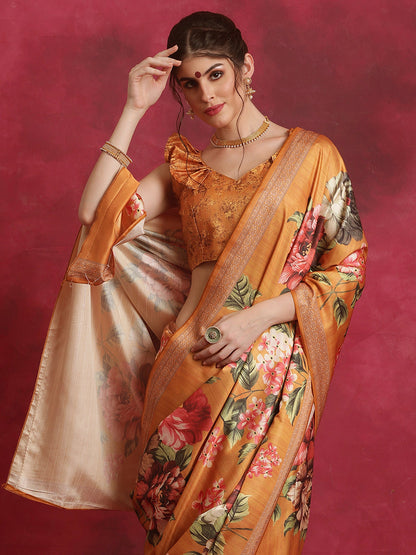 Women's Cotton Blend Mustard Printed Designer Saree With Blouse Piece