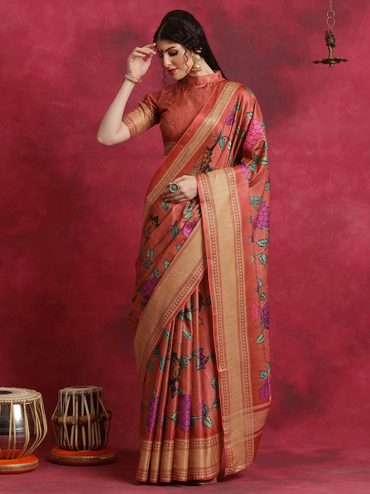 Women's Cotton Blend Rust Printed Designer Saree With Blouse Piece