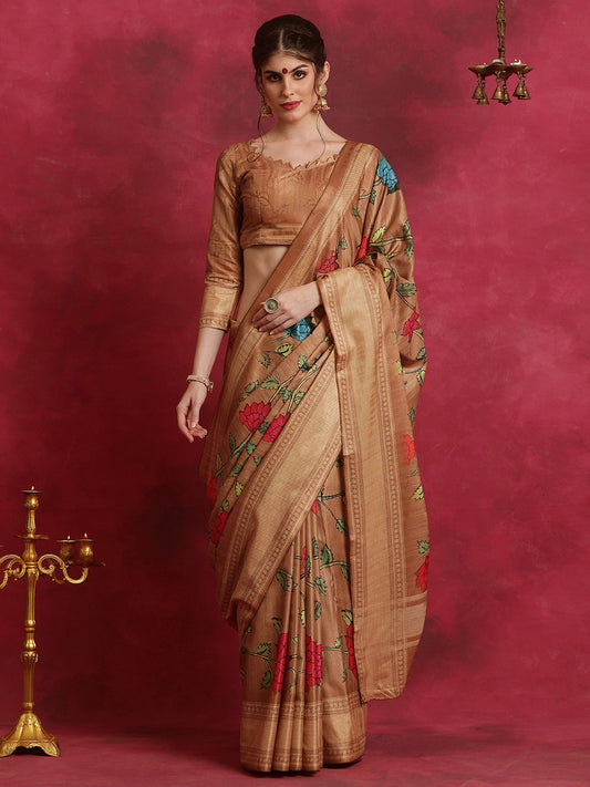 Women's Cotton Blend Brown Printed Designer Saree With Blouse Piece