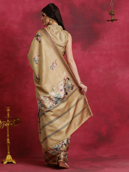 Women's Cotton Blend Beige Printed Designer Saree With Blouse Piece