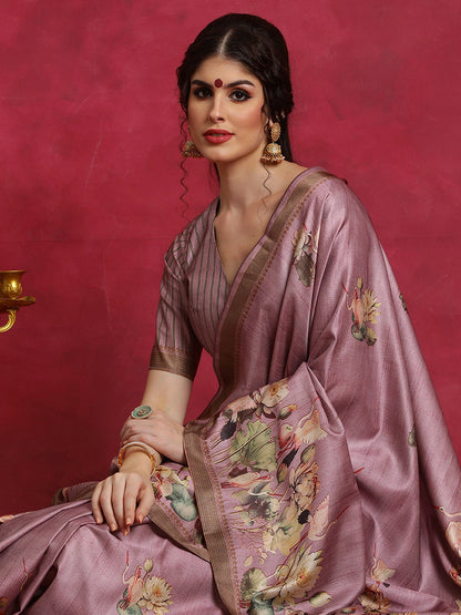 Women's Cotton Blend Mauve Printed Designer Saree With Blouse Piece