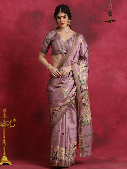 Women's Cotton Blend Mauve Printed Designer Saree With Blouse Piece
