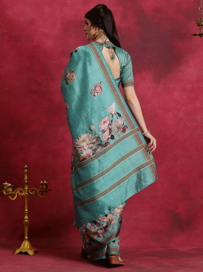 Women's Cotton Blend Blue Printed Designer Saree With Blouse Piece