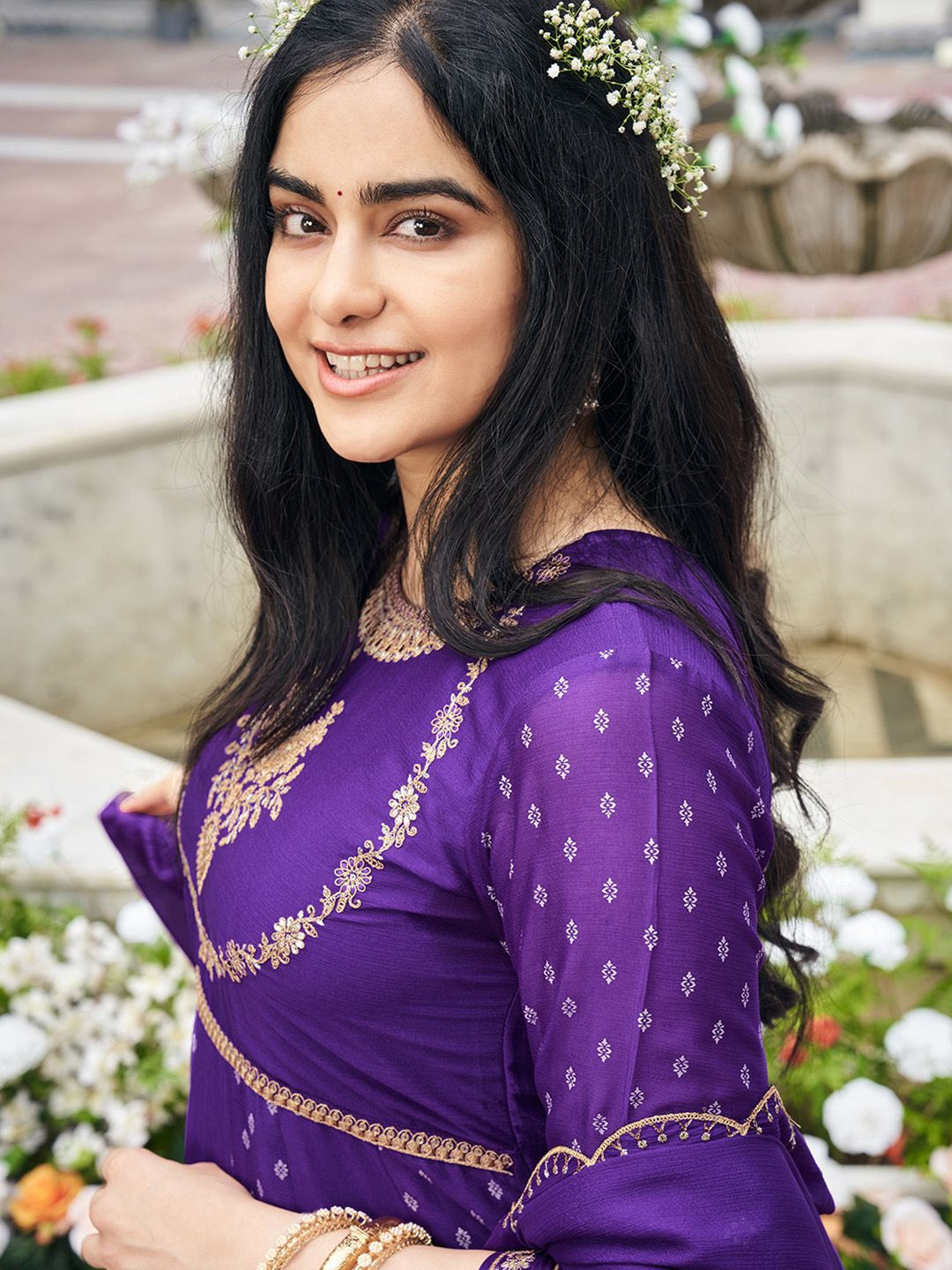 Dhiyona CH Embroidered Round Neck Chinon Thread Work Anarkali Kurta With Palazzos & Dupatta