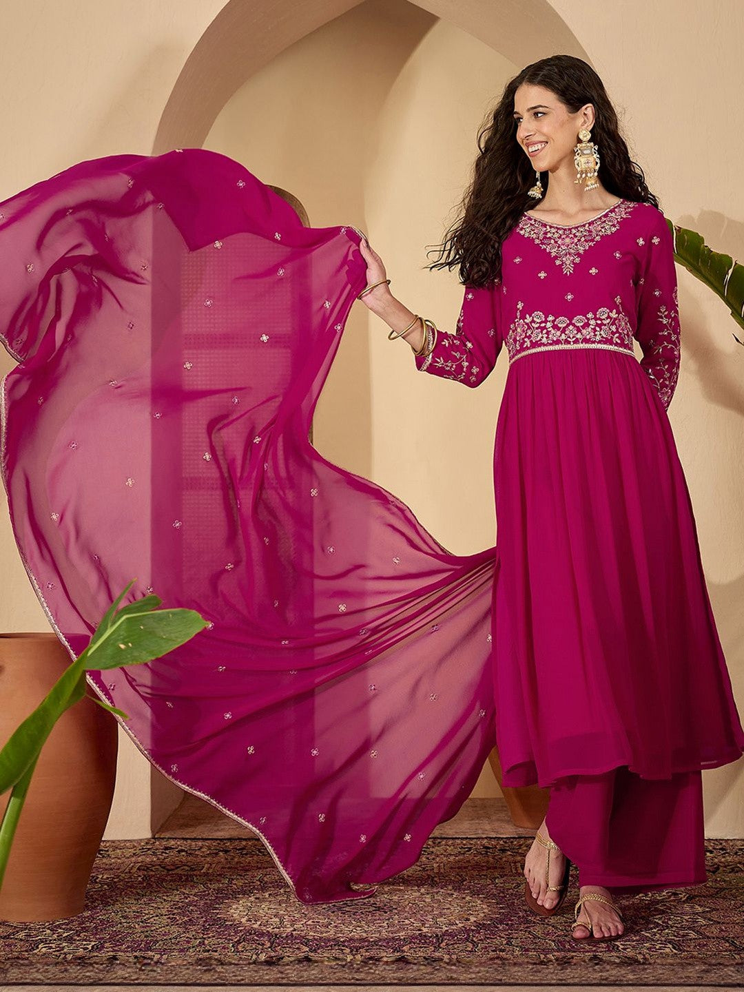 Women Ethnic Motifs Embroidered Empire Thread Work Kurta with Palazzos & With Dupatta