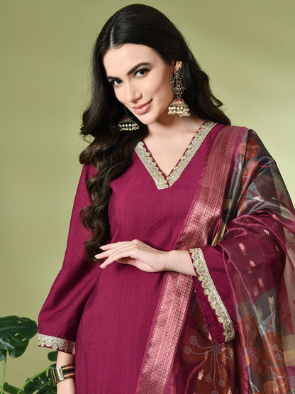 Magenta Flared Sleeves Thread Work Straight Kurta With Salwar & Dupatta