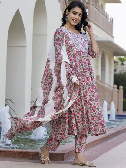 Dhiyona KL Floral Printed Mirror Work Anarkali Pure Cotton Kurta With Trousers & Dupatta