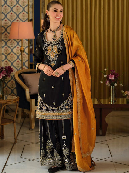 Black Embroidered Straight Kurta Palazzos Dupatta Set
