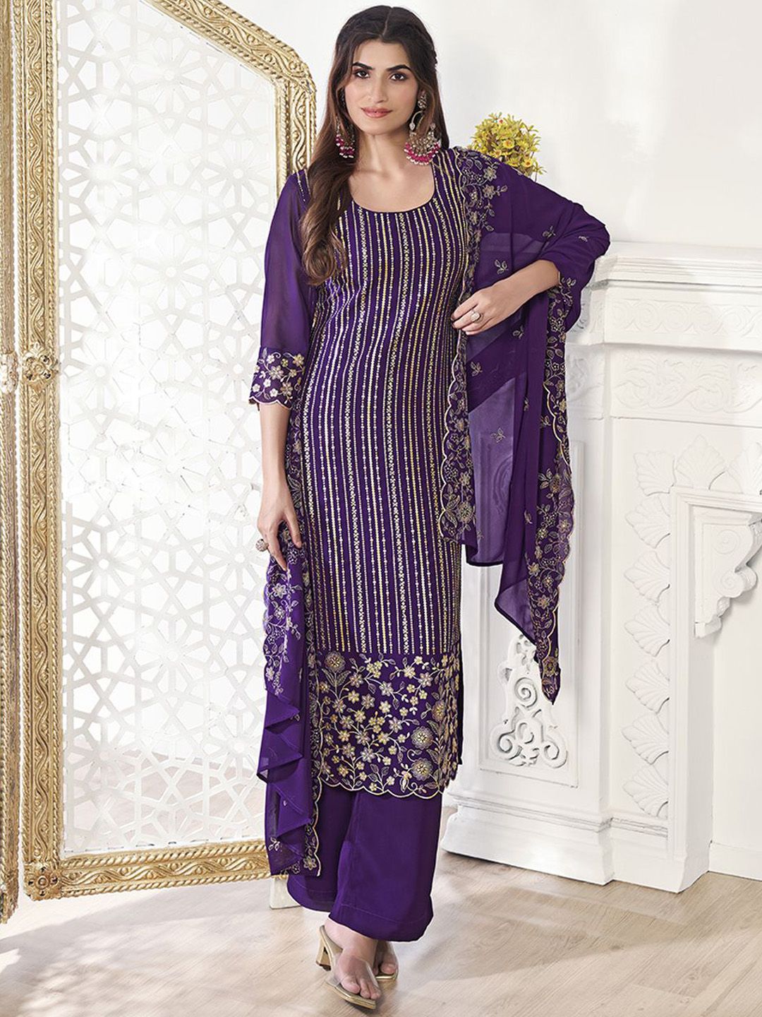 Dhiyona IN Women Floral Thread Sequinned Embroidered Kurta, Palazzos & Dupatta Set