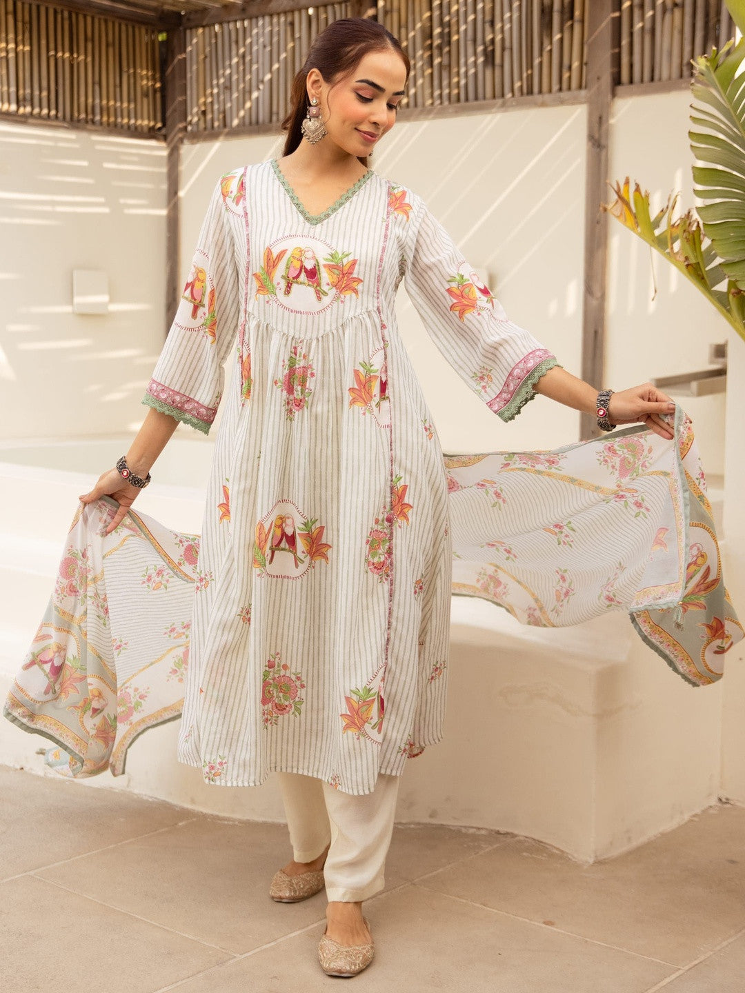 Printed V-Neck Kurta & Trousers With Dupatta