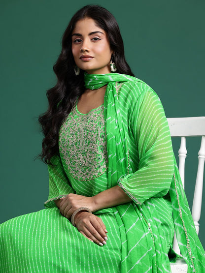 Dhiyona Women's Leheriya Printed Mirror Work Kurta with Palazzos & Dupatta