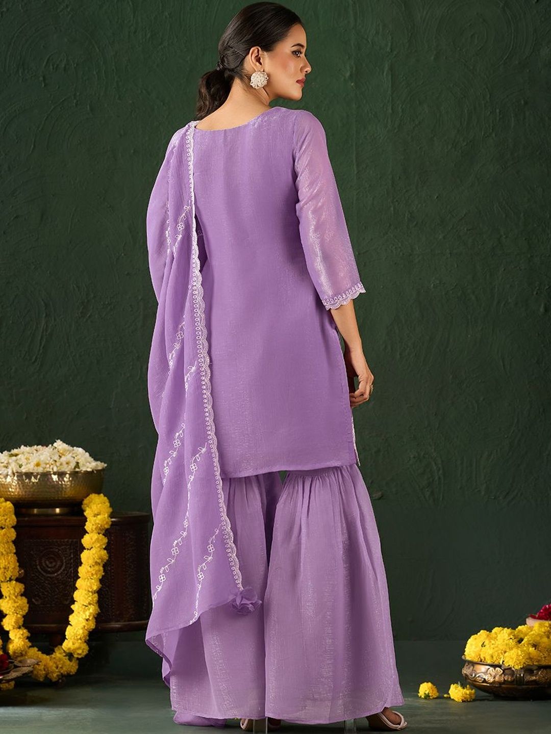 Dhiyona AN Women Ethnic Motifs Embroidered Regular Thread Work Chanderi Silk Kurta with Sharara & With Dupatta