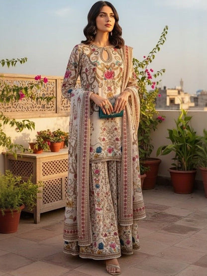 Dhiyona AN Floral Printed Keyhole Neck Straight Kurta With Sharara & Dupatta