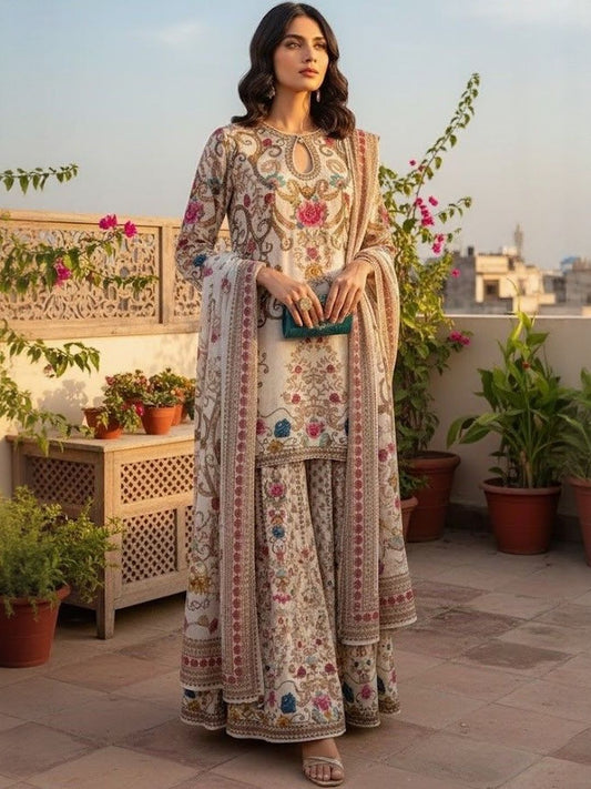 Dhiyona AN Floral Printed Keyhole Neck Straight Kurta With Sharara & Dupatta