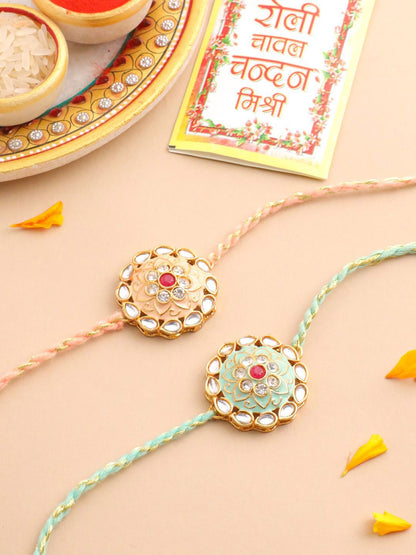 Dhiyona Men Set Of 2 Peach & Green Kundan Studded Round Floral Design Rakhi With Roli Chawal
