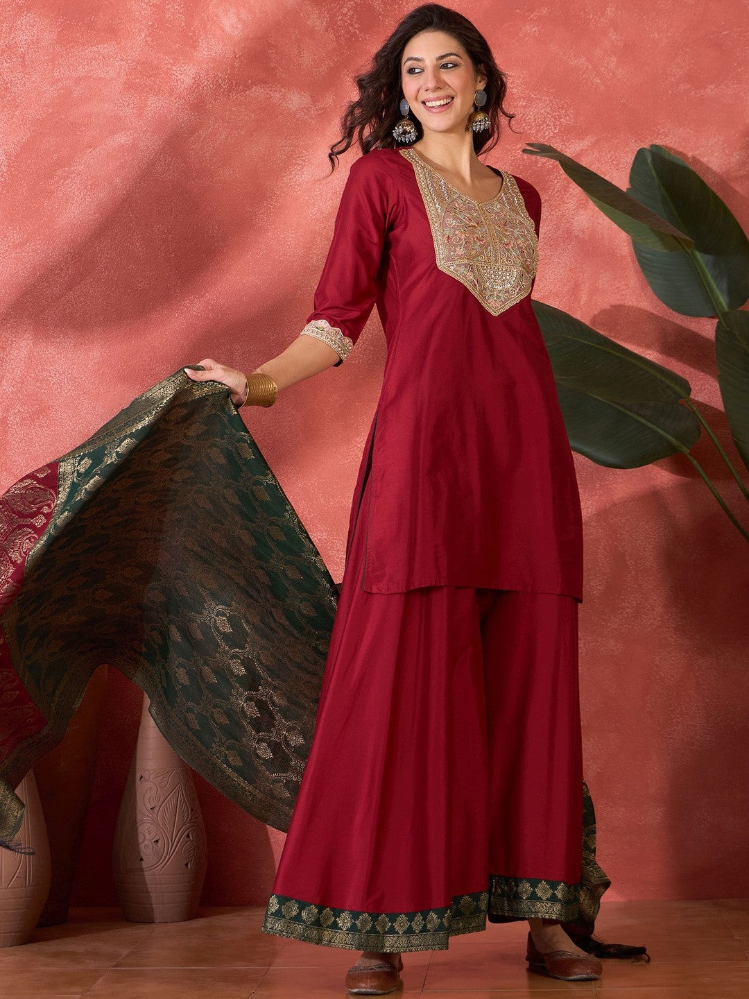 Dhiyona SN Floral Embroidered V-Neck Sequinned Kurta With Palazzos & Dupatta