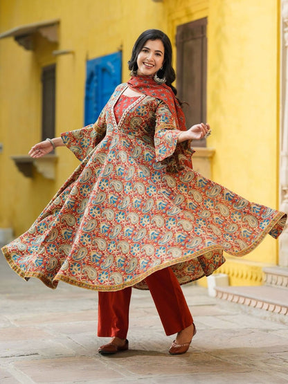 Dhiyona RR Women's Printed Regular Pure Cotton Kurta With Trousers & Dupatta