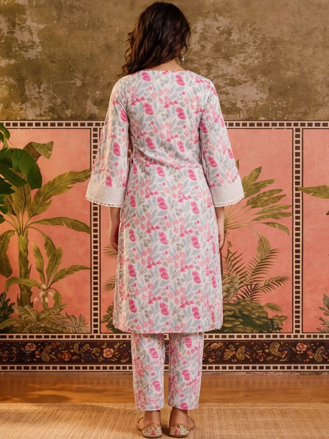 Printed Pure Cotton V-Neck Kurta & Trousers