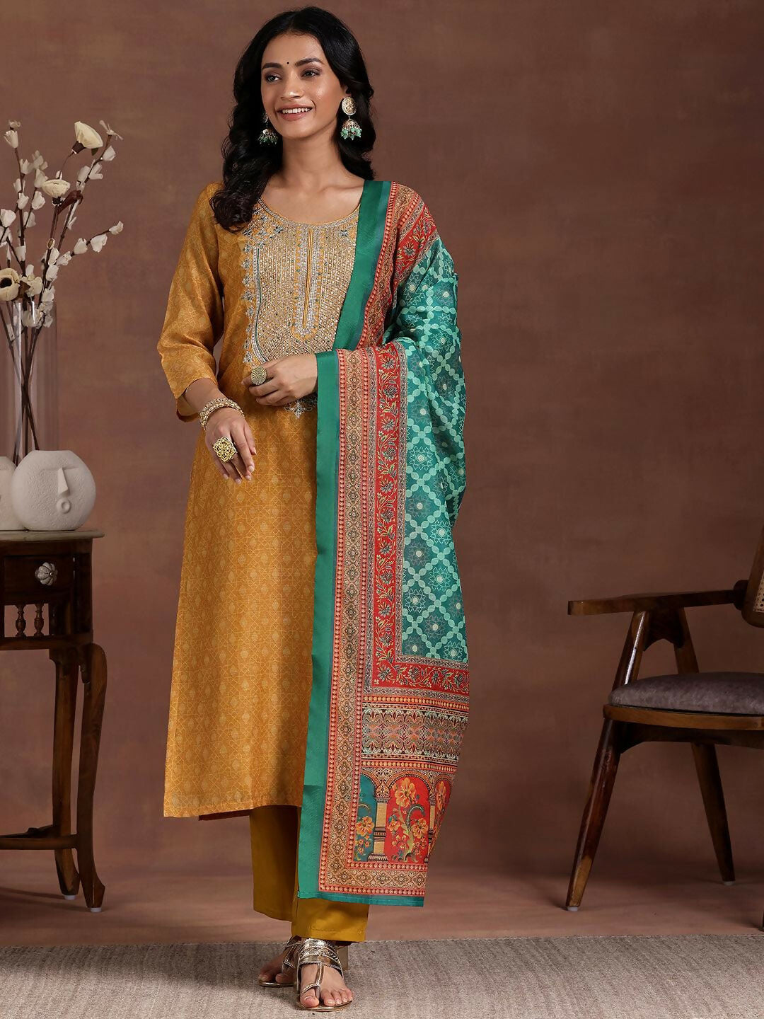 Women's LB Mustard Printed Silk Blend Straight Suit With Dupatta