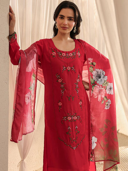 Red Floral Embroidered Straight Suit Set with Dupatta