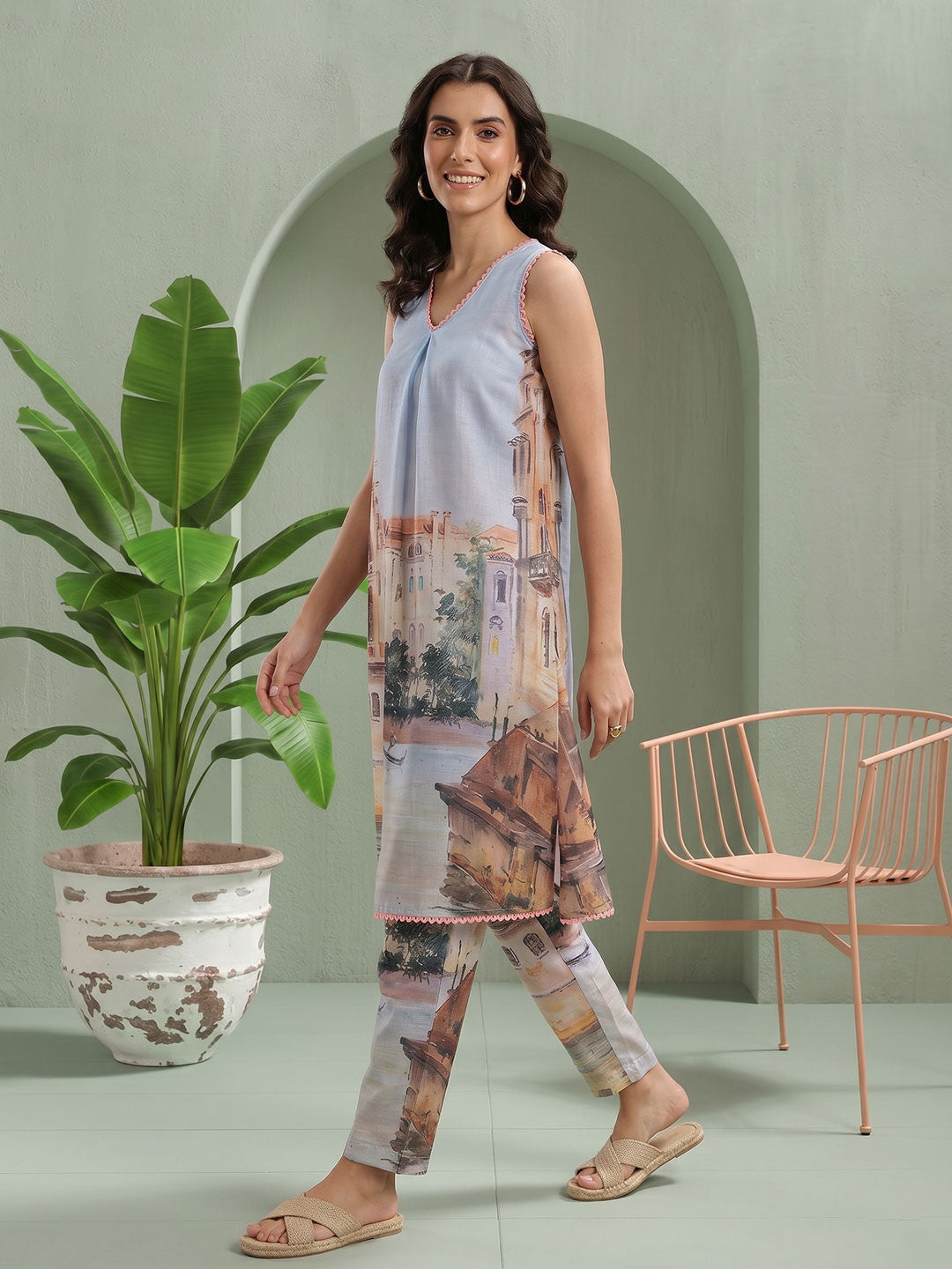 Tropical Printed Lace Insert Detail V-Neck Sleeveless A-Line Kurta with Trousers
