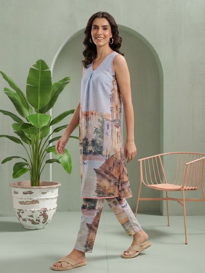 Tropical Printed Lace Insert Detail V-Neck Sleeveless A-Line Kurta with Trousers