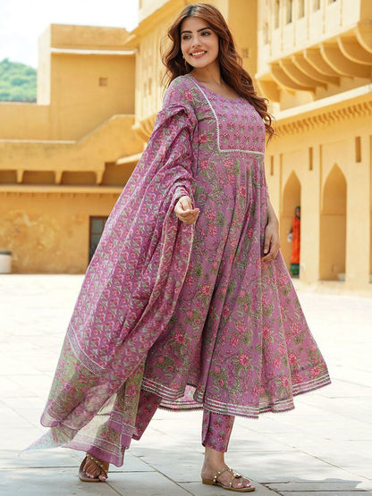Dhiyona KL Floral Printed Gotta Patti Pure Cotton Anarkali Kurta With Trousers & Dupatta
