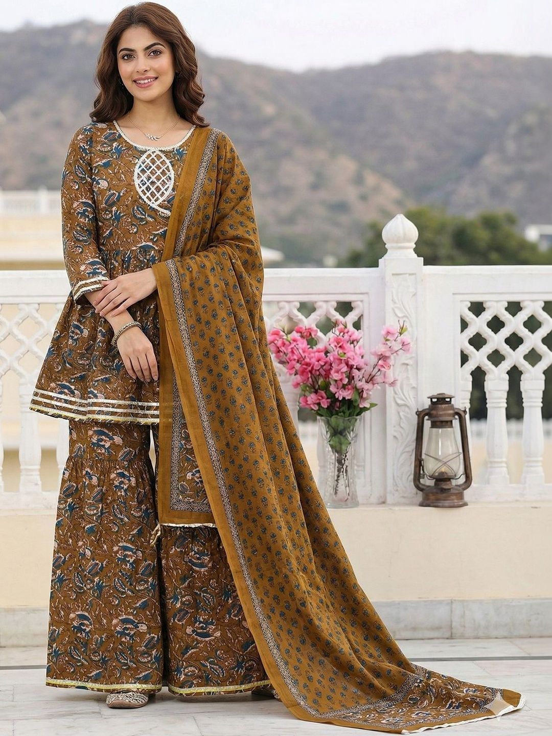 Dhiyona AN Women Floral Printed Angrakha Patchwork Pure Cotton Kurta with Sharara & With Dupatta