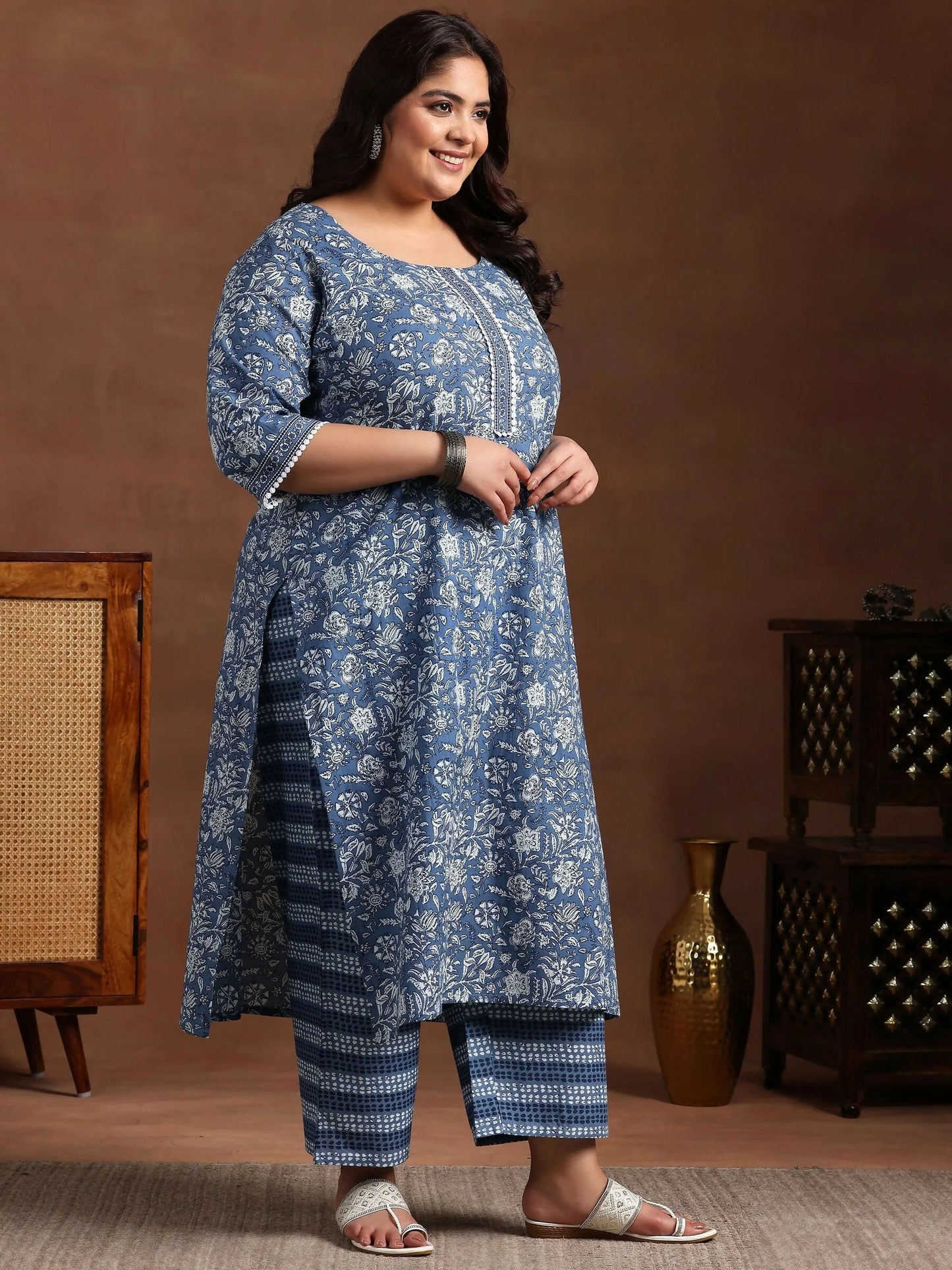 Women's LB Plus Size Blue Printed Cotton Straight Suit With Dupatta