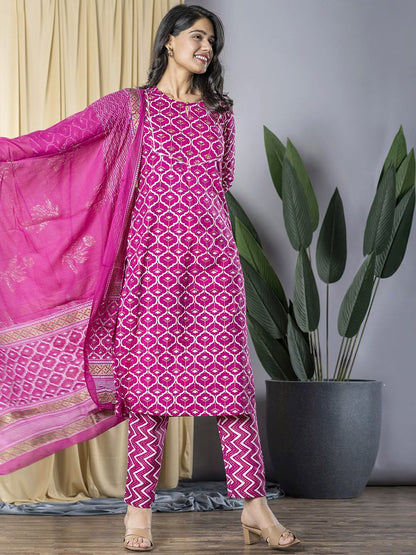 Dhiyona KL Ethnic Motifs Printed Keyhole Neck Straight Kurta With Trousers & Dupatta