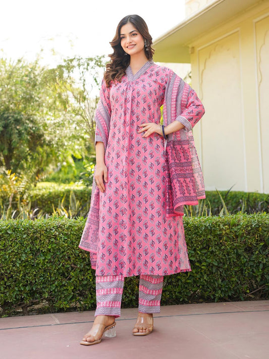Dhiyona KL Ethnic Motifs Printed V Neck A Line Pleated Kurta With Trousers & Dupatta