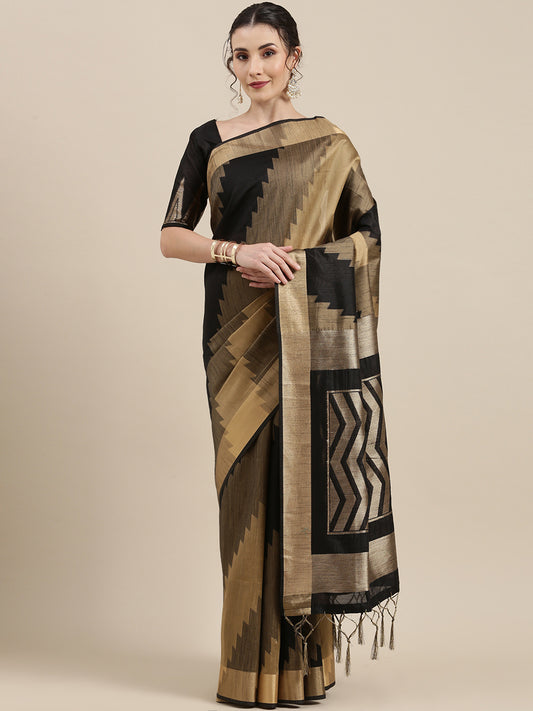 Women's Cotton Silk Black Woven Design Handloom Saree With Blouse Piece