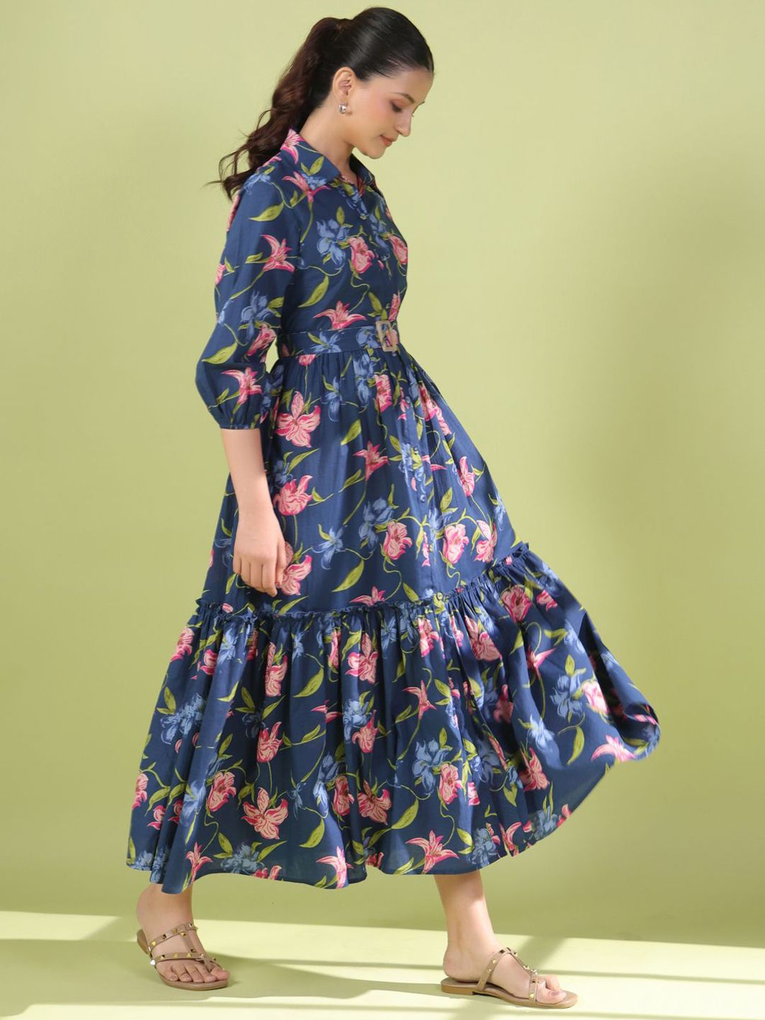 Dhiyona AY Women's Floral Printed Cotton Maxi Flared Ethnic Dress