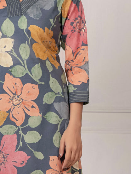 Dhiyona IE Floral Floral Printed Pure Cotton V-Neck Tunic With Trousers