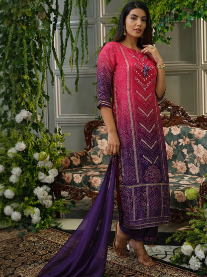 Bandhani Printed Sequinned Straight Kurta with Trousers & Dupatta