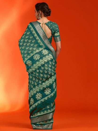 Women's Cotton Silk Teal green Printed Designer Saree With Blouse Piece