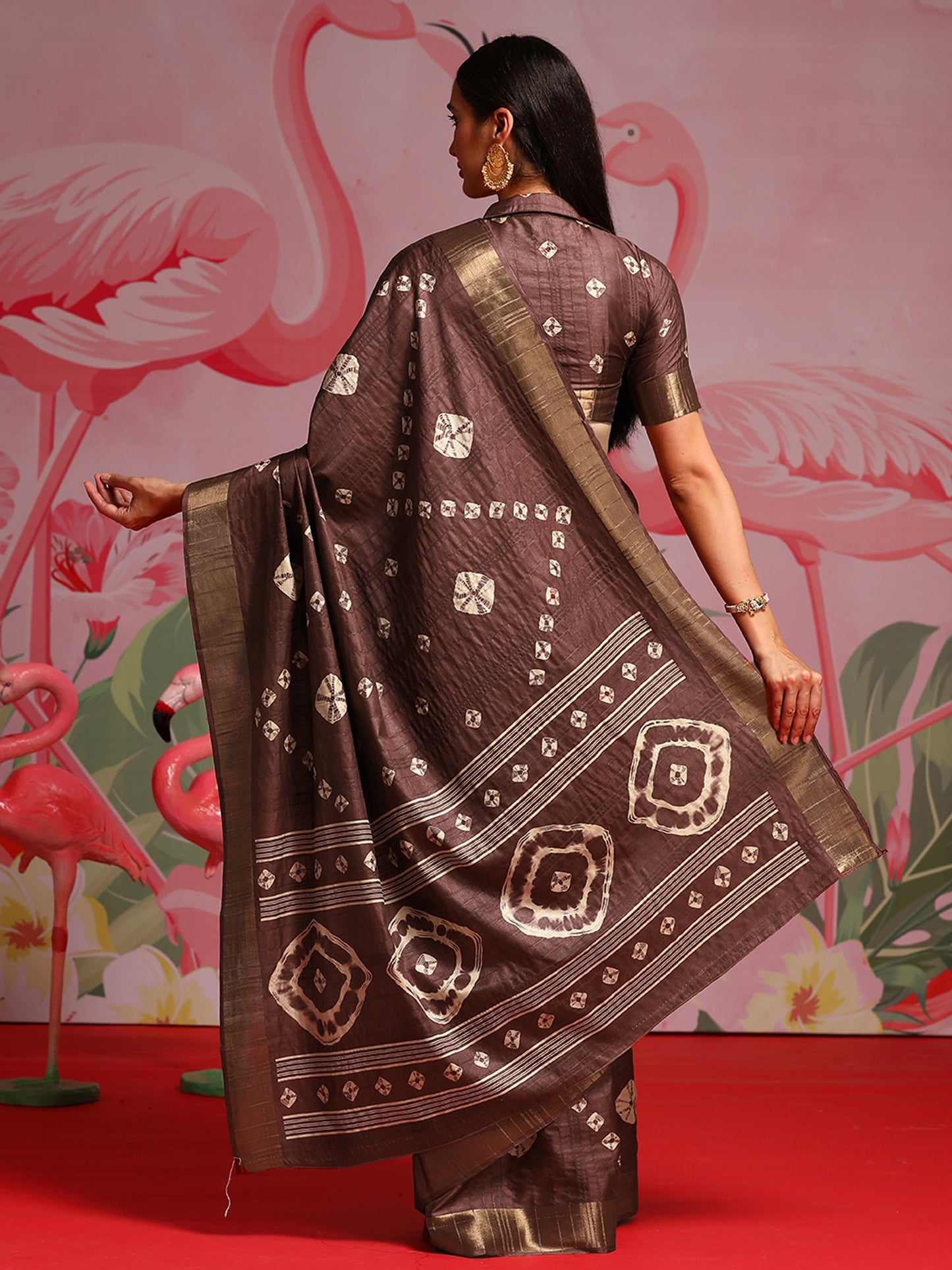 Women's Silk Blend Coffee Brown Printed Designer Saree With Blouse Piece