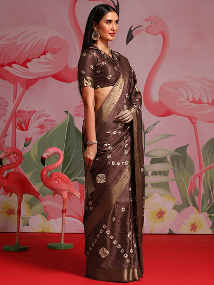 Women's Silk Blend Coffee Brown Printed Designer Saree With Blouse Piece