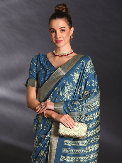 Women's Silk Blend Blue Printed Designer Saree With Blouse Piece