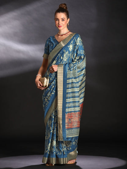 Women's Silk Blend Blue Printed Designer Saree With Blouse Piece