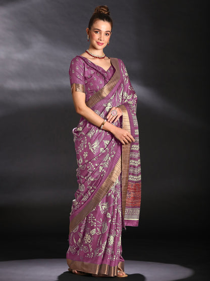 Women's Silk Blend Magenta Printed Designer Saree With Blouse Piece