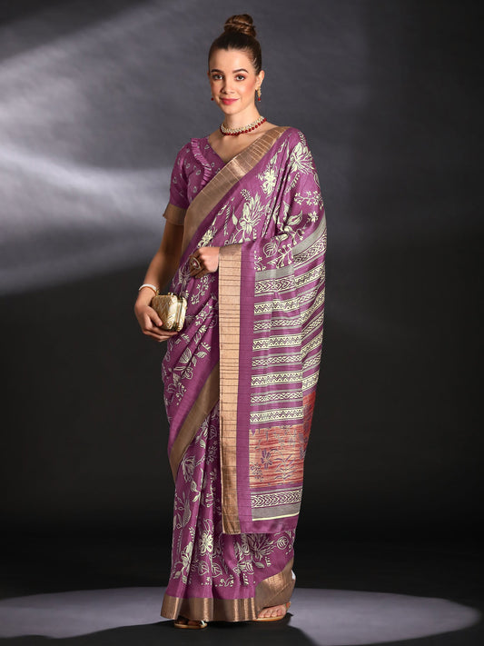 Women's Silk Blend Magenta Printed Designer Saree With Blouse Piece