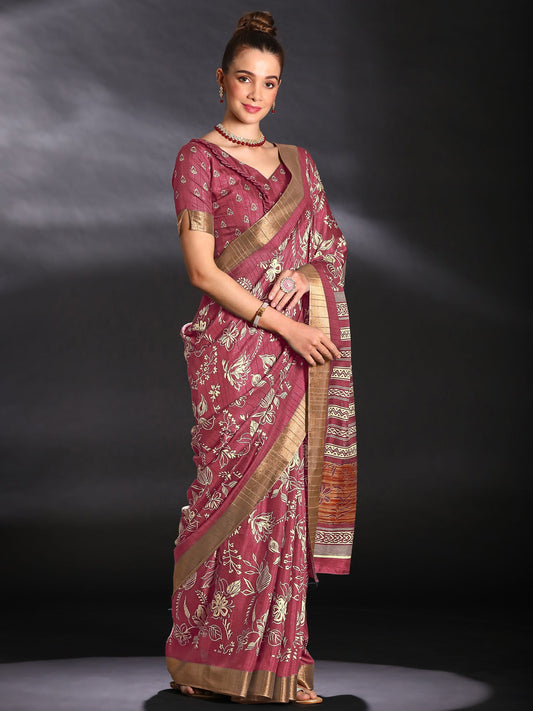 Women's Silk Blend Pink Printed Designer Saree With Blouse Piece