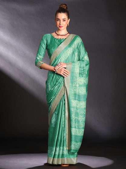 Women's Silk Blend Sea Green Printed Designer Saree With Blouse Piece