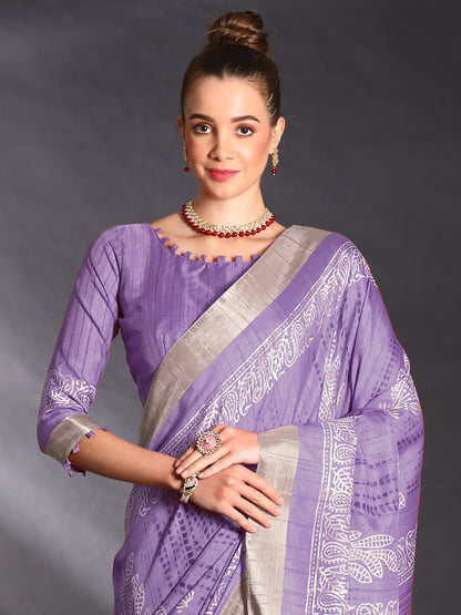 Women's Silk Blend Lavendar Printed Designer Saree With Blouse Piece