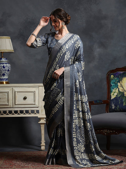 Women's Silk Blend Grey Printed Designer Saree With Blouse Piece