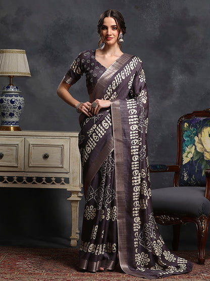 Women's Silk Blend Violet Printed Designer Saree With Blouse Piece