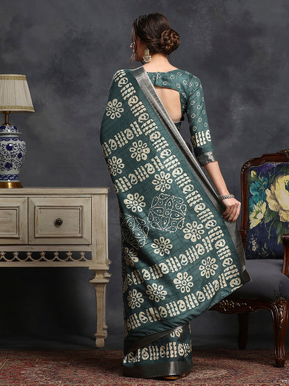 Women's Silk Blend Sea Green Printed Designer Saree With Blouse Piece